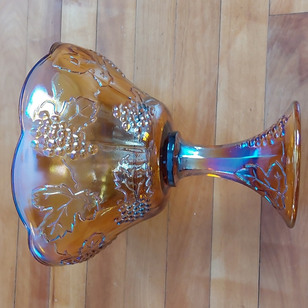 Vintage Indiana Glass Amber Carnival Grape Pedestal Bowl 8” Iridescent